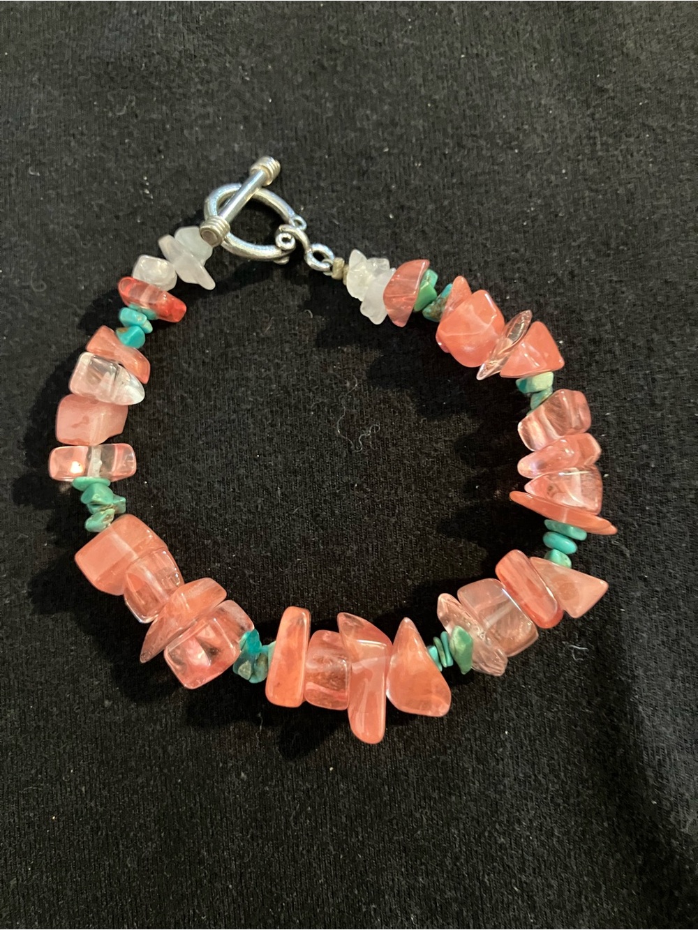 Handmade Coral Pink Quartz Chip Bead Bracelet with Turquoise Accents